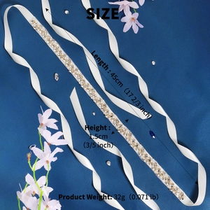 Detailed view showing dimensions of a slim bridal belt with rhinestones and pearls