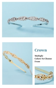 Macro detail of leaf-patterned crystal crown headband in silver and gold metal finishes
