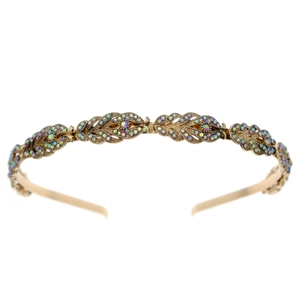 Detailed view of the vintage gold leaf design headband with shimmering AB rhinestones