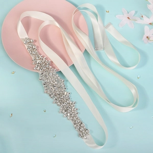 Exquisite bridal waist belt featuring marquise crystals on ivory white satin ribbon