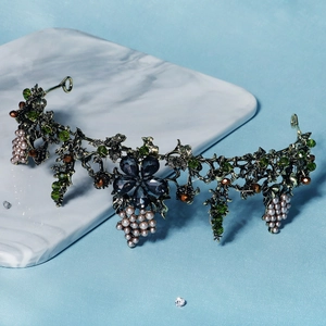 Baroque bridal crown with dark blue crystals and pearls on bronze alloy frame