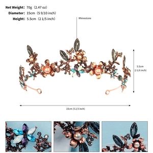 Detailed specs of the retro bridal tiara with pink pearls and colorful crystals
