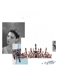 Detail view of baroque bridal crown with deep red stones and pink rhinestones