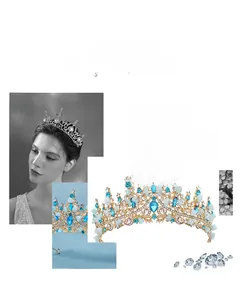 Detail of bridal crown with gold alloy base and blue teardrop crystal stones