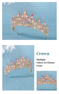 Detail of handmade gold bridal crown with pink crystals and shimmering white rhinestones