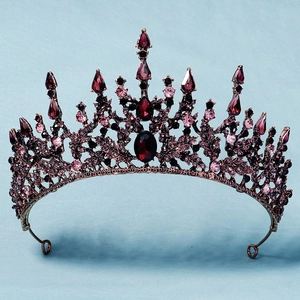 Baroque vintage bronze bridal crown with burgundy teardrop crystals and pink rhinestones