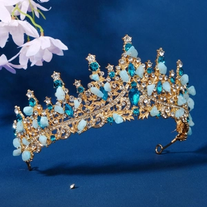 Handmade gold tiara with natural crystal chips and blue rhinestones for wedding