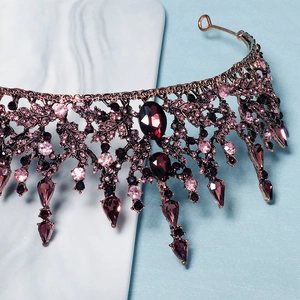 Vintage Baroque bridal crown with deep red rhinestones and antique gold leaves
