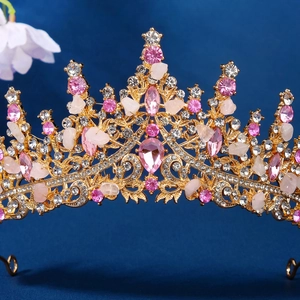 Luxurious bridal crown with gold alloy base and natural pink crystal stone embellishments