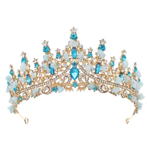 Elegant gold bridal crown featuring royal blue crystals and natural quartz stones