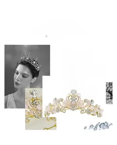Détail d'une couronne baroque dorée ornée de cristaux roses et de strass blancs brillants