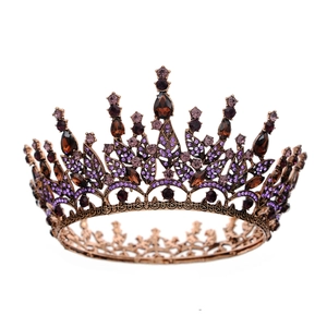 Couronne de mariée baroque vintage avec strass violets et gemmes ambre en alliage de bronze