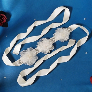 Elegant white satin bridal belt with handmade chiffon flowers and sparkling rhinestones
