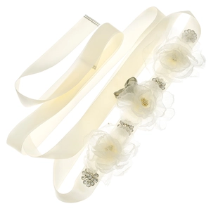 Elegant bridal white chiffon flower belt with sparkling rhinestones on ivory satin ribbon