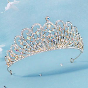 Detailed side view of luxury bridal crown with AB crystals and white rhinestones