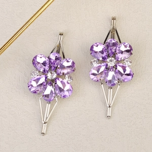 Elegant purple crystal flower hair clips with silver metal base and rhinestones