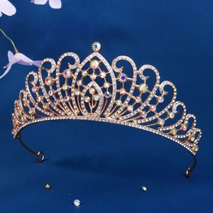 Luxurious gold bridal tiara with colorful AB rhinestones for weddings and pageants