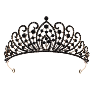 Luxurious baroque bridal crown with black rhinestones and intricate gold metal patterns