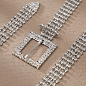 Dettaglio ravvicinato di una cintura in strass argento con file di cristalli e fibbia quadrata