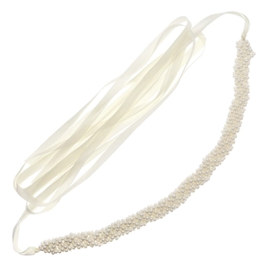 Elegant white pearl waist belt with woven faux pearls and white satin ribbon ties