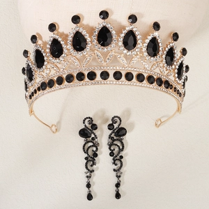 Baroque Halloween jewelry set with black crystal crown and vintage teardrop earrings
