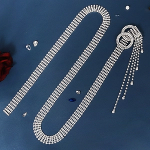 Dettaglio della cintura in strass argento con doppi anelli e lunghe nappe di cristallo