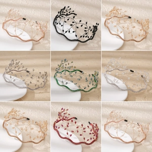 Handmade beaded crown headbands with colorful crystals in a nine-grid display