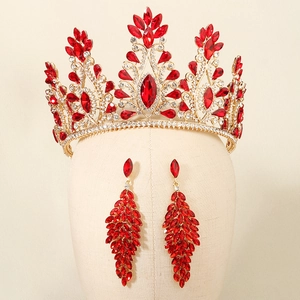 Vintage Baroque Gold Red Rhinestone Crown And Earrings Luxurious Bridal Wedding Party Prom Jewelry Accessories For Women