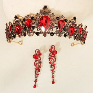 Baroque Halloween jewelry set with red crystal crown and matching vintage earrings