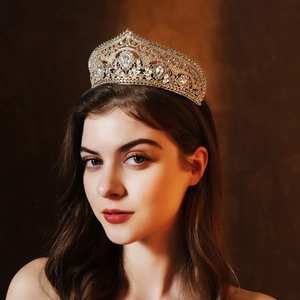 Close-up of a luxury bridal crown with intricate gold filigree and sparkling crystals