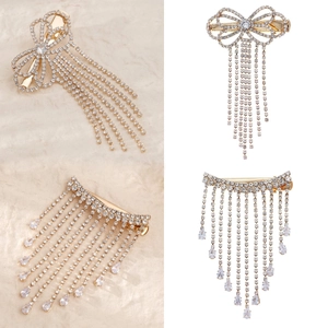 Gold Alloy Rhinestone Bowknot Tassel Hair Clip Elegant Zirconia Inlaid Duckbill Clip For Women Party Wedding Accessories