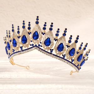 Vintage luxury bridal crown with royal blue teardrop crystals and gold frame hairpiece