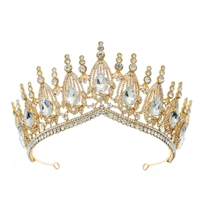 Luxurious gold bridal crown with vintage crystals and large pear-shaped drop stones