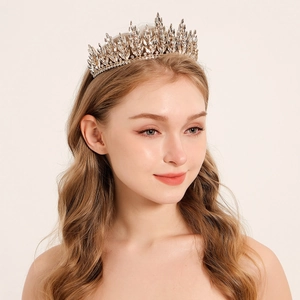 Luxurious gold wheat crown with blue crystals and sparkling rhinestones for bridal party wear