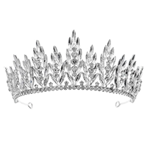 Elegant silver bridal tiara crown with sparkling crystal wheat leaf rhinestone design