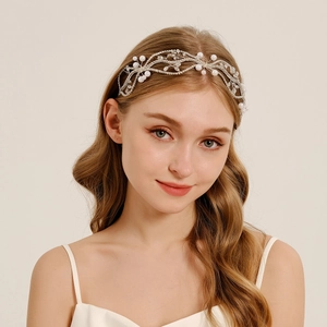 Elegant Silver Bridal Crystal Crown Headband Hand-woven White Crystal Rhinestone Artificial Pearl Hair Band For Wedding Party Women