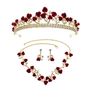 Luxus Rote Rose Blume Krone Halskette Ohrringe Set Gold Legierung Strass Künstliche Perle Braut Hochzeit Kinder Geburtstag Party Schmuck