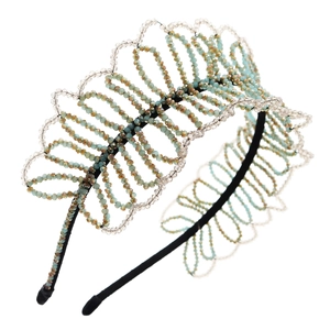 Handmade crystal beaded headband with teal and bronze wave patterns for wedding accessories