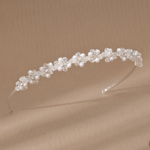 Elegant bridal crystal and pearl floral headband with silver wire for wedding party
