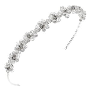 Elegant bridal headband with handmade white pearls and sparkling crystals on silver frame