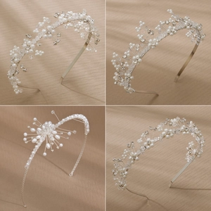 Handmade Crystal Artificial Pearl Bridal Headband Silver Flower Hair Hoop For Wedding Party Performance Women Girls Hair Accessory