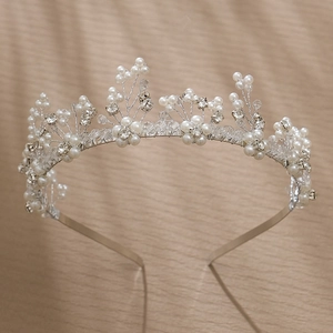 Elegant floral beaded headband with white pearls and crystals for wedding bridal hair