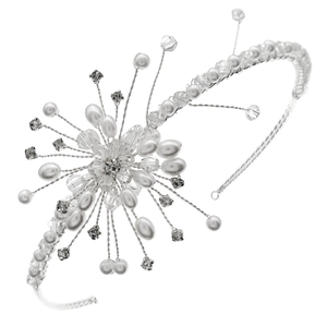 Handmade silver bridal headband with pearls, crystals and floral metal wiring