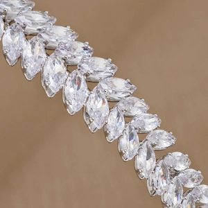 Elegant crystal leaf headband with marquise-cut zircons and shiny silver metal base