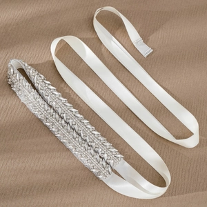 Exquisite bridal sash with crystal olive leaf rhinestones on white satin ribbon