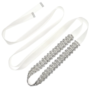 Bridal wedding belt with crystal leaf patterns on a white satin ribbon sash