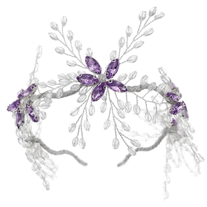 Luxurious bridal headband with purple crystal flowers and silver handmade beadwork
