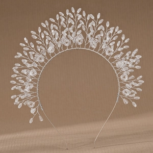 Detail view of handmade bridal headband with clear crystal beads and silver wire branches