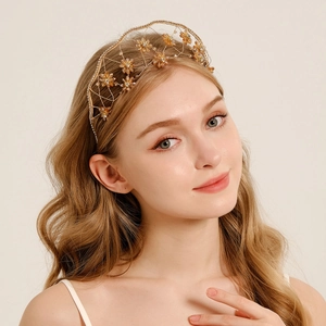 Vintage Bridal Rhinestone Crystal Flower Mesh Headband Handmade Copper Wire Woven Wedding Hair Accessories For Women Jewelry