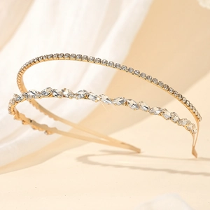 Detailed macro view of the double-layered golden headband with sparkling crystals and rhinestones